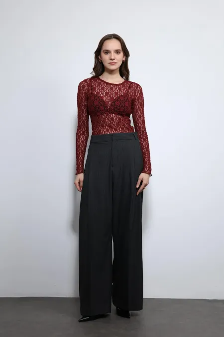 Antioch Bordo Dantel Detaylı Transparan Bluz