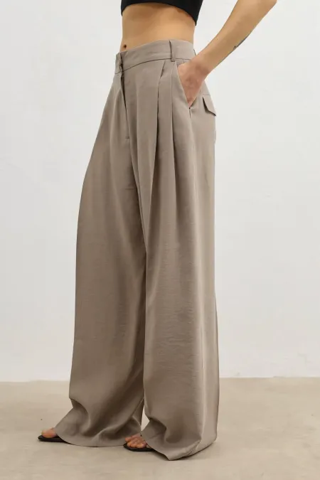 Antioch Beige Lyocell Blend Wide Leg Women's Trousers