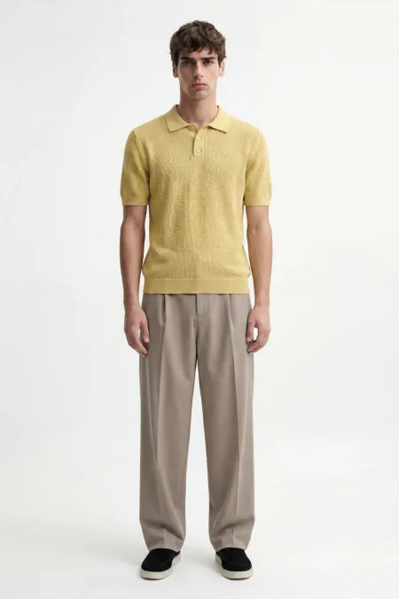 Antioch Yellow Knitted Textured Polo Collar Men's T-Shirt
