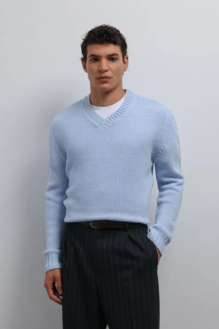 Pull Antioch Bebe bleu texturé à col en V pour garçon