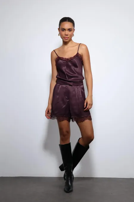 Antioch Burgundy Satin Top with Lace Details