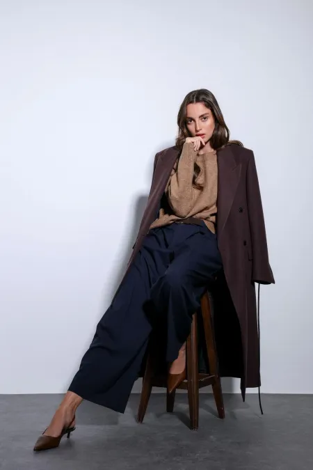 Antioch Lacivert Pileli Geniş Kadın Pantolon