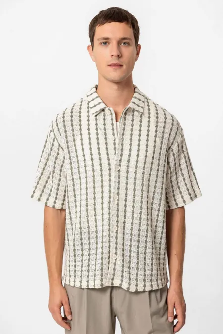Antioch Khaki Striped Knitted Short-Sleeved Men's Shirt