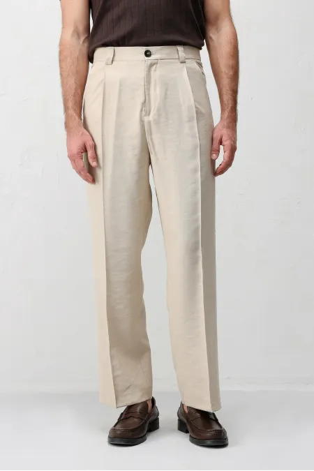 Antioch Bej Pileli Relaxed Fit Erkek Pantolon