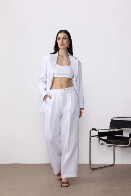 Antioch Beyaz 100% Keten Yüksek Bel Pilili Kadın Pantolon