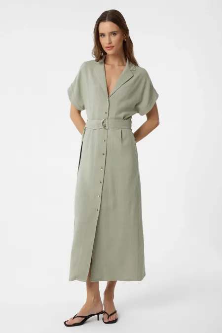 Antioch Khaki Linen Blend Belted Women's Dress
