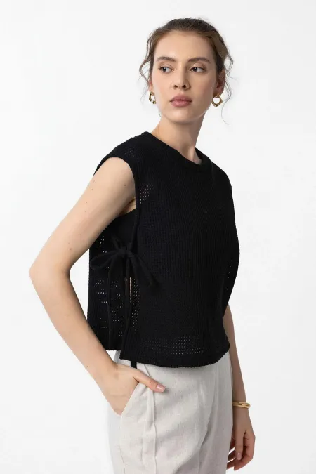 Antioch Black Lace-Up Knit Textured Women's Top