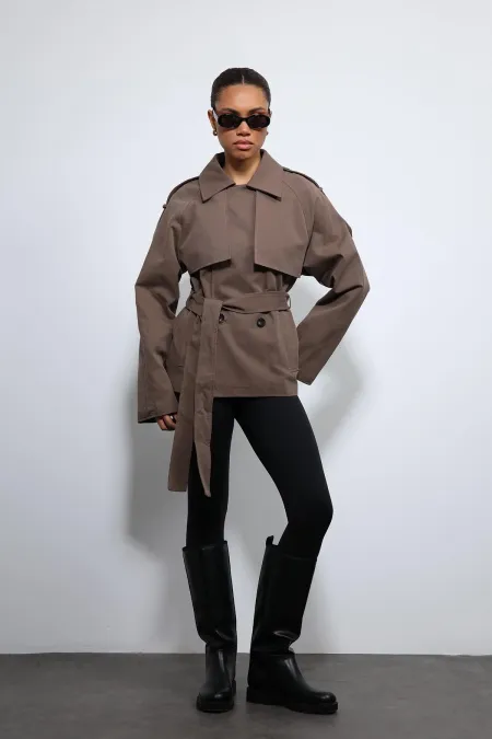 Antioch Kahve Kemerli Kısa Trençkot