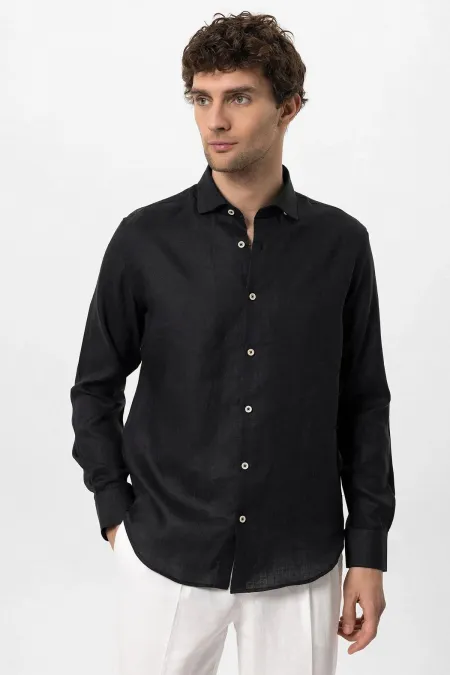 Antioch Black Collar Button Detail 100% Linen Men's Shirt