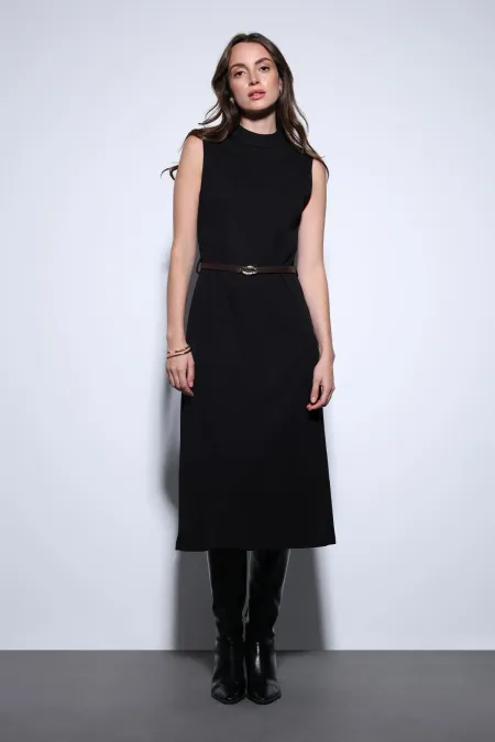 Antioch Black Women's Midi Dress with Belt Detail