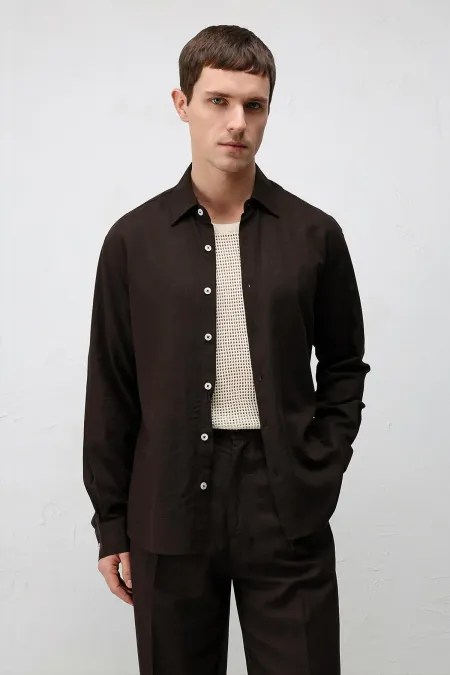 Chemise homme Antioch Coffee en lin mélangé coupe décontractée