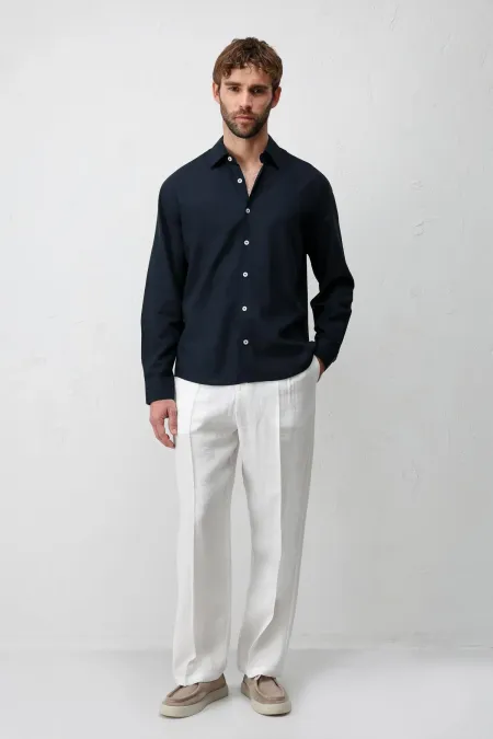 Chemise homme Antioch bleu marine en lin mélangé, coupe décontractée
