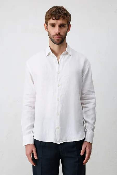 Antioch Beyaz 100% Keten Relax Fit Erkek Gömlek
