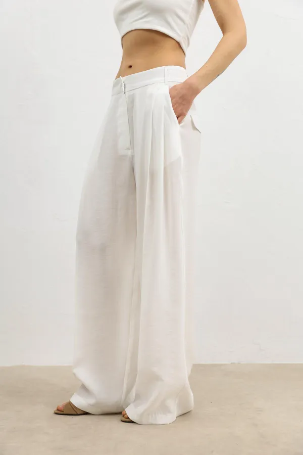 Antioch Ecru Lyocell Blend Wide Leg Women's Trousers