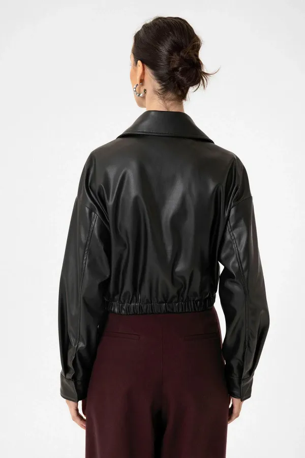 Antioch Siyah Crop Suni Deri Kadın Ceket