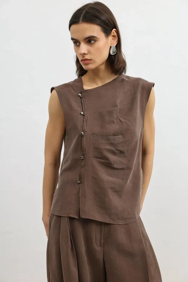 Antioch Coffee Lyocell Blend Buttoned Women's Top