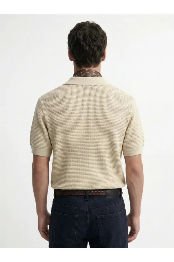 Antioch Beige Knitted Textured Polo Collar Men's T-Shirt Antioch Beige Knitted Textured Polo Collar Men's T-Shirt