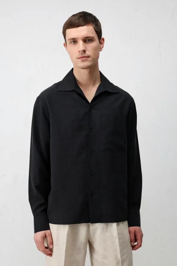 Antioch Siyah Lyocell Karışımlı Geniş Yaka Erkek Gömlek