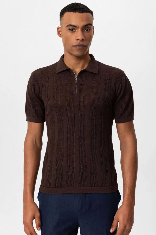 Antioch Kahve Polo Yaka Fermuarlı Örme Erkek T-Shirt