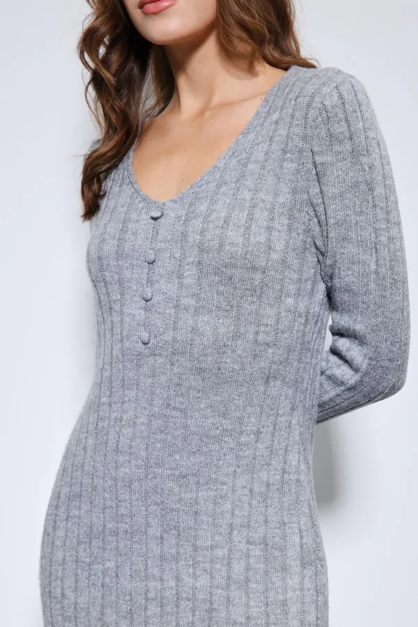 Antioch Gri Yırtmaç Detaylı Triko Elbise