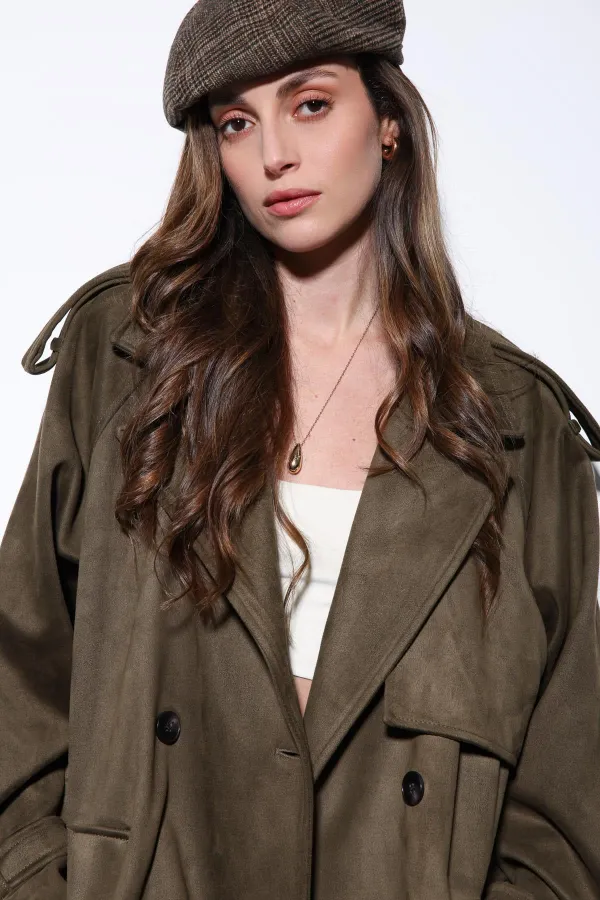Antioch Haki Kruvaze Süet Görünümlü Premium Kadın Trençkot