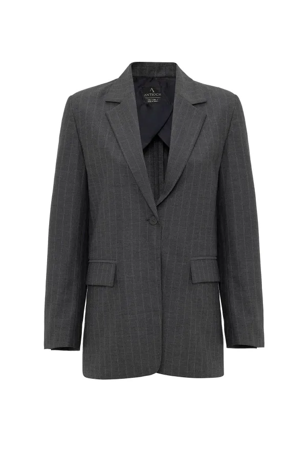 Antioch Anthracite Women's Single Button Striped Blazer Jacket