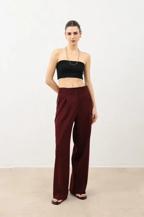 Antioch Burgundy Wide Leg Women's Trousers with Pens Detail