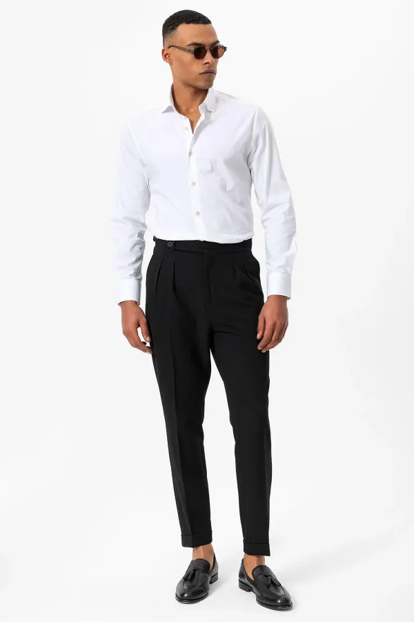 Antioch Siyah Yüksek Bel Pileli Dokulu Erkek Pantolon