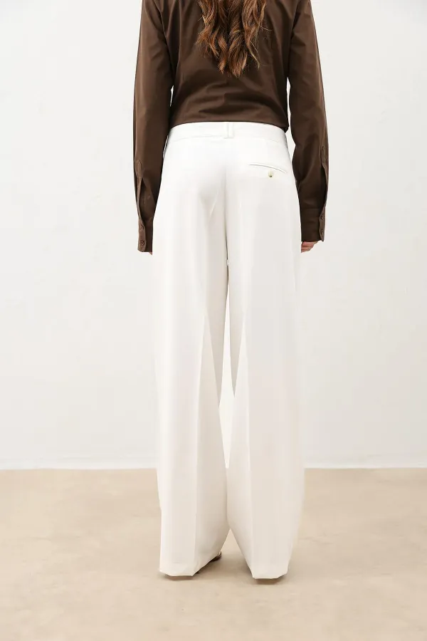 Antioch Ecru Wide Leg Women's Trousers with Pens Detail