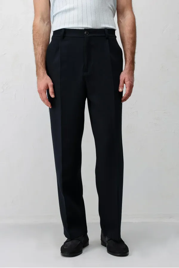 Antioch Lacivert Pileli Relaxed Fit Erkek Pantolon