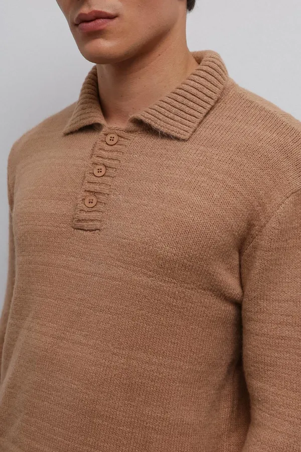 Pull homme Antioch beige à col boutonné