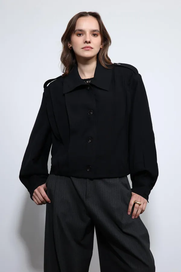 Antioch Black Pleated Detail Stand Collar Coat
