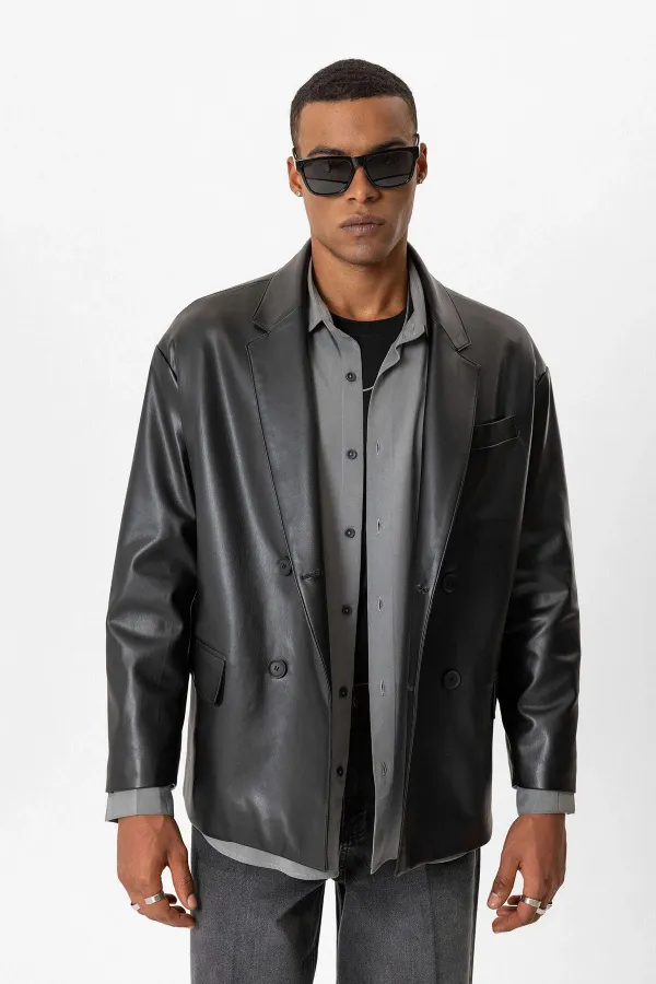 Antioch Siyah Suni Deri Kruvaze Erkek Ceket