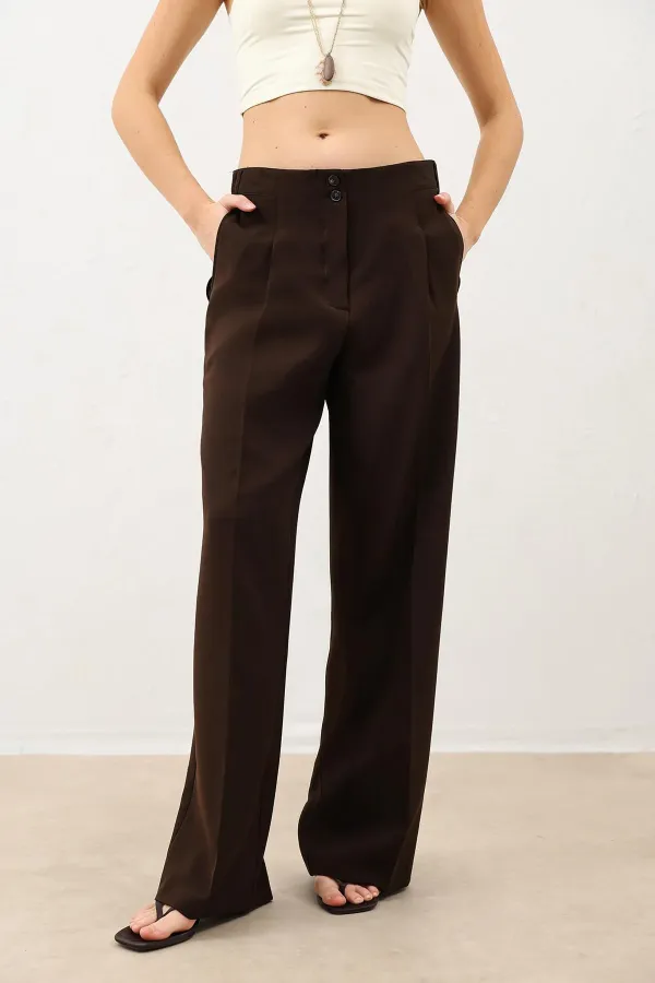 Antioch Dark Brown Wide Leg Women's Trousers with Pens Detail