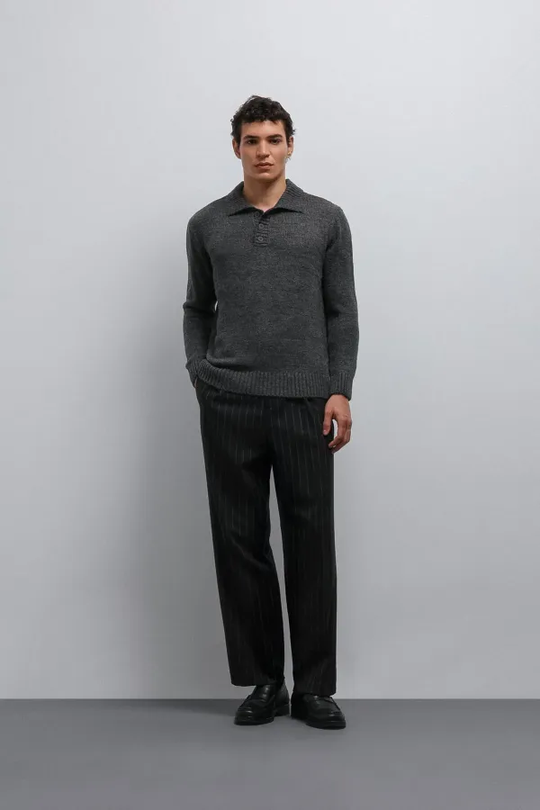 Antioch Gri Melanj Düğmeli Yaka Erkek Kazak