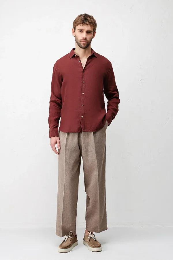 Antioch Bordo 100% Keten Relax Fit Erkek Gömlek