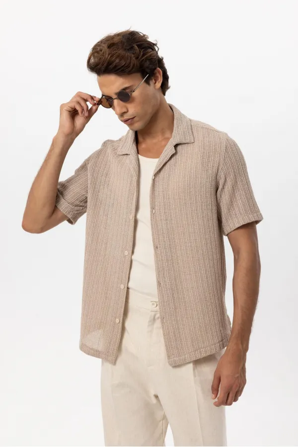 Antioch Beige Textured Crochet Men's Shirt