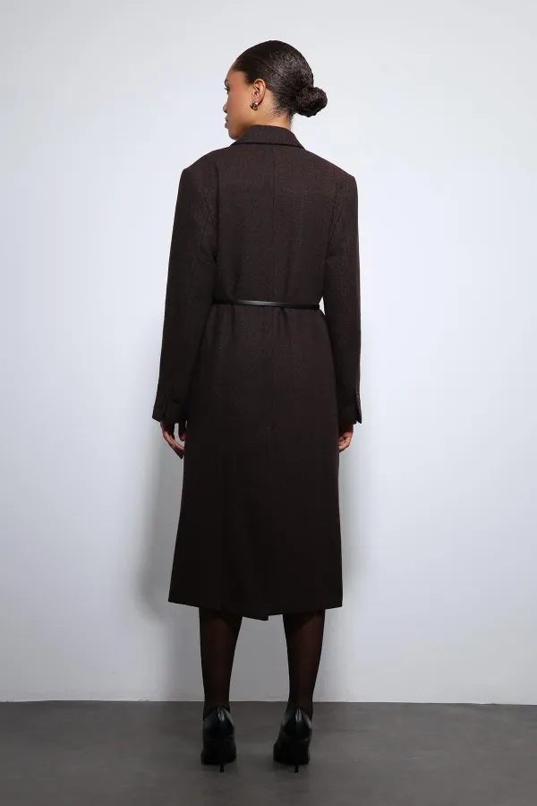 Antioch Kahve Balıksırtı Desenli Kemerli Kaban