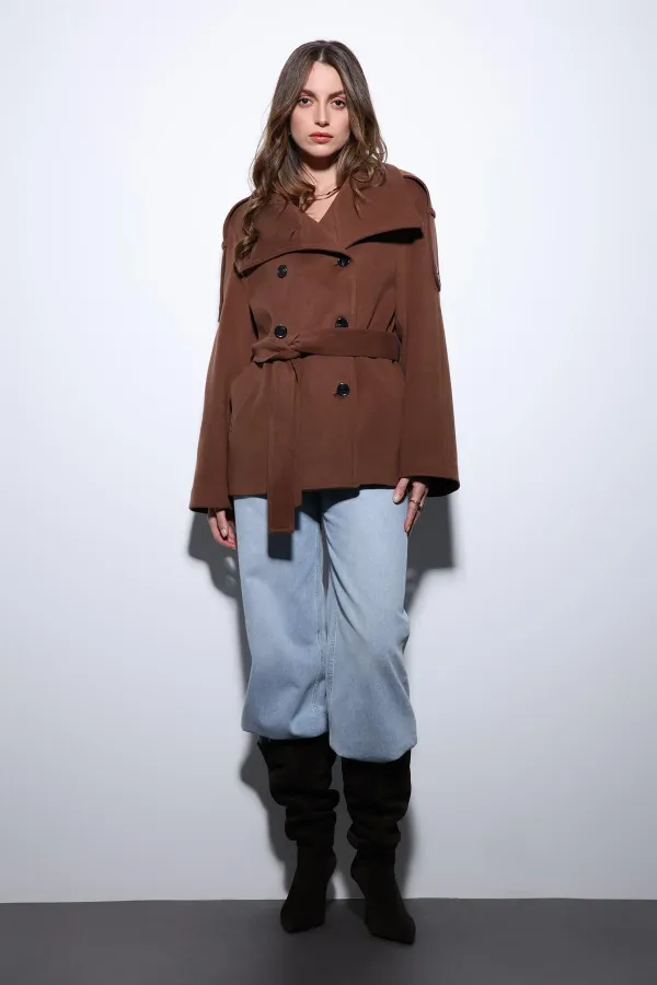 Antioch Kahve Dik Yaka Kruvaze Kadın Kaban