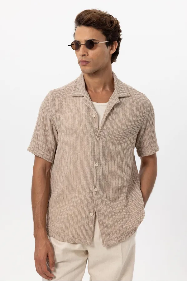 Antioch Beige Textured Crochet Men's Shirt