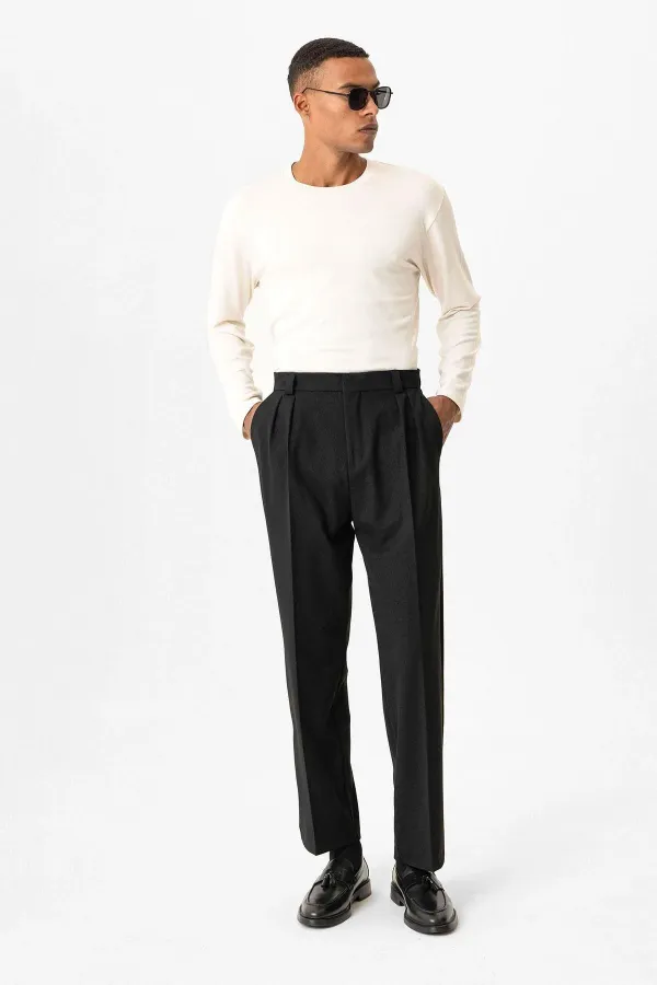 Antioch Siyah Yüksek Bel Pileli Relaxed Fit Baggy Erkek Pantolon