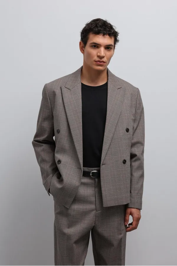 Antioch Kahve Ekoseli Kruvaze Erkek Blazer Ceket