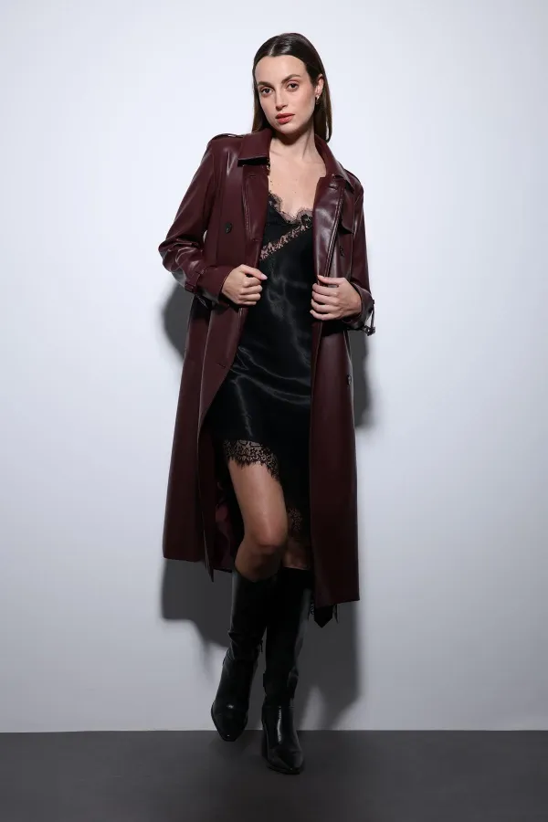 Trench-coat ceinturé en similicuir bordeaux pour femme, style Antioch