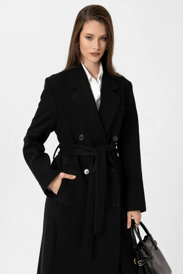 Antioch Siyah Kadın Kuşaklı Kruvaze Kaban