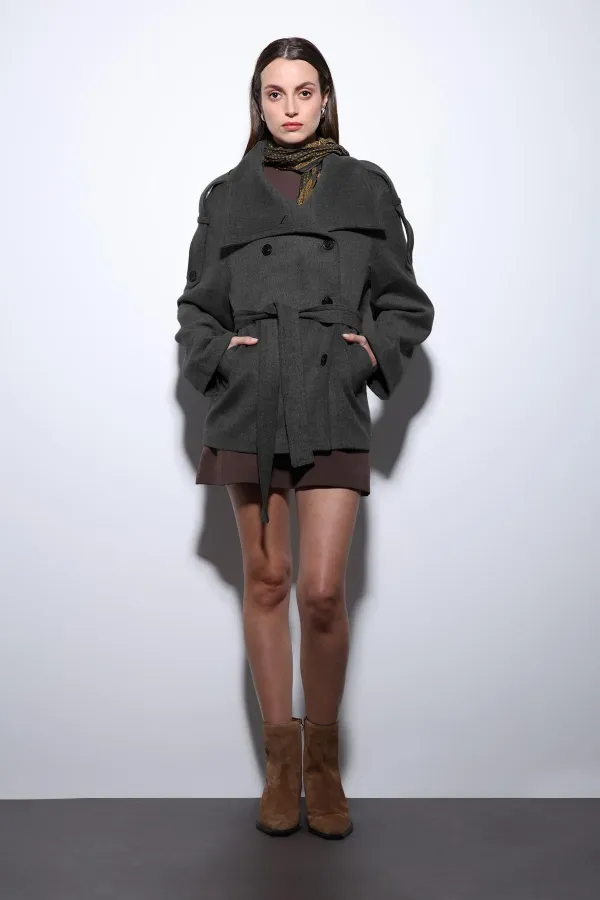 Antioch Anthracite Stand-Neck Double-Breasted Women's Coat