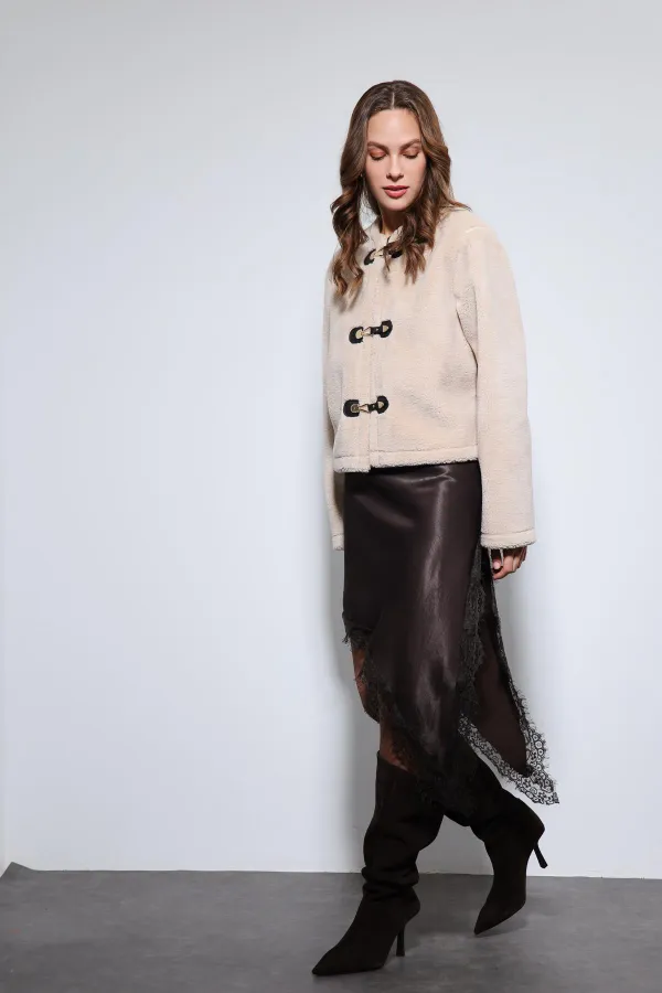 Antioch Beige Faux Fur Jacket with Decorative Buttons