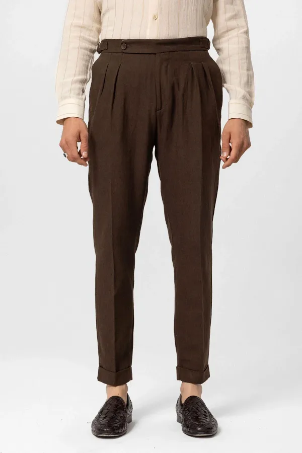 Pantalon homme Antioch Coffee taille haute en lin mélangé à double ourlet