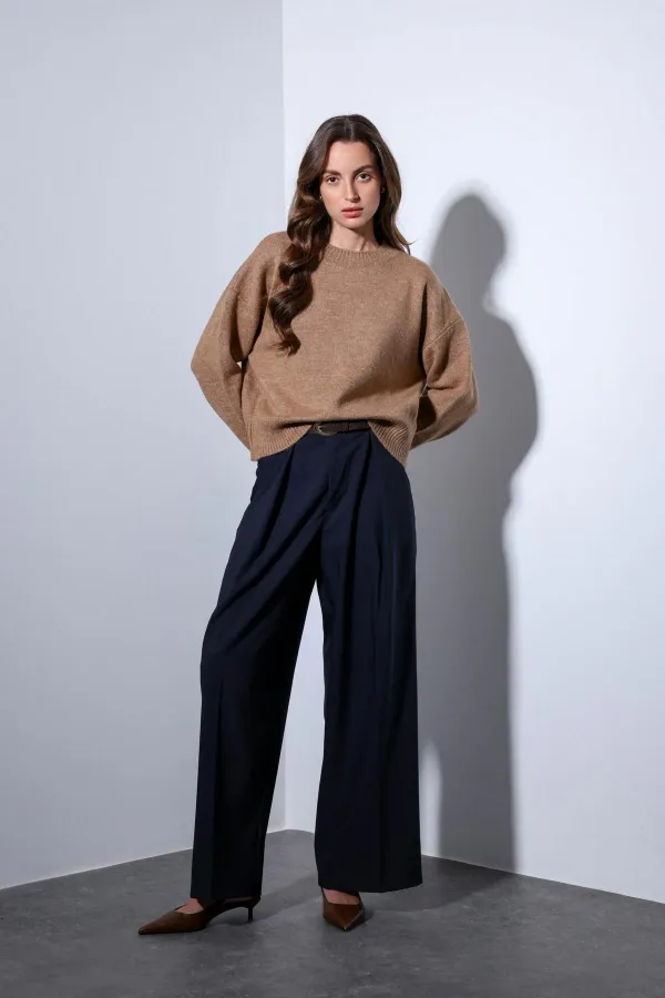 Antioch Lacivert Pileli Geniş Kadın Pantolon