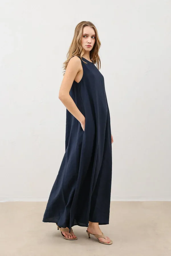 Robe midi Antioch bleu marine drapée à col halter