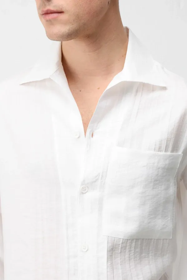 Antioch Ekru Lyocell Karışımlı Geniş Yaka Erkek Gömlek